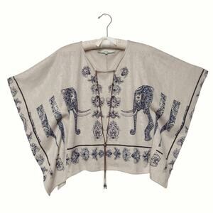 LA FE MARABOUTEE Poncho Top Size 1 Elephant Print Leather Tie Beads Boho Retro